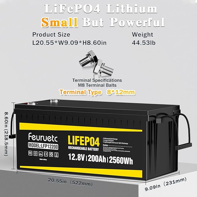 12V 200Ah Lithium LiFePO4 Battery, Built-in 200A BMS, 2560Wh Energy Storage, Iron Phosphate 8000-15000 Deep Cycles Battery for Solar, Trolling Motor, RV （1PC）