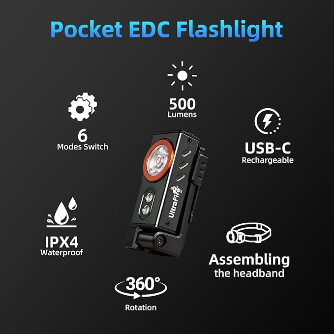 ULTRAFIRE Rechargeable EDC Pocket Flashlight with Clip, Magnetic Base and Headband, 6 Modes 500 Lumens Compact Mini Keychain Flashlight for Outdoor Use