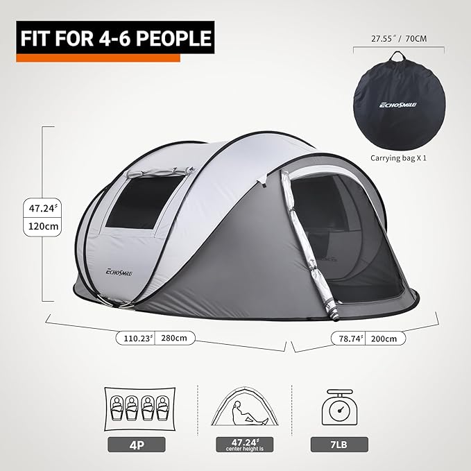 EchoSmile Instant Pop Up Camping Tent, 2/4/6 Person, Easy Setup Tent, Water Resistant Dome, Portable with Carry Bag