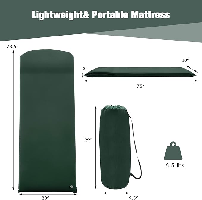 Tangkula Self Inflating Sleeping Pad, 3 Inch Inflatable Camping Mattress Pad with 9.5R Value, Insulated Foam Camping Mat with Pillow, Lightweight Camp Sleep Pad for Backpacking, Car, Tent
