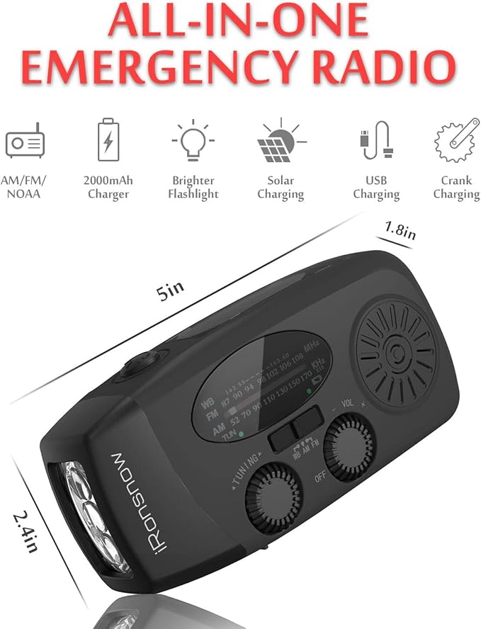 Solar Emergency Hand Crank Weather Radio, Portable Self Powered NOAA AM/FM Radios with SOS Alarm LED Flashlight 2000mAh Smart Phone USB Charger for Camping (Black)