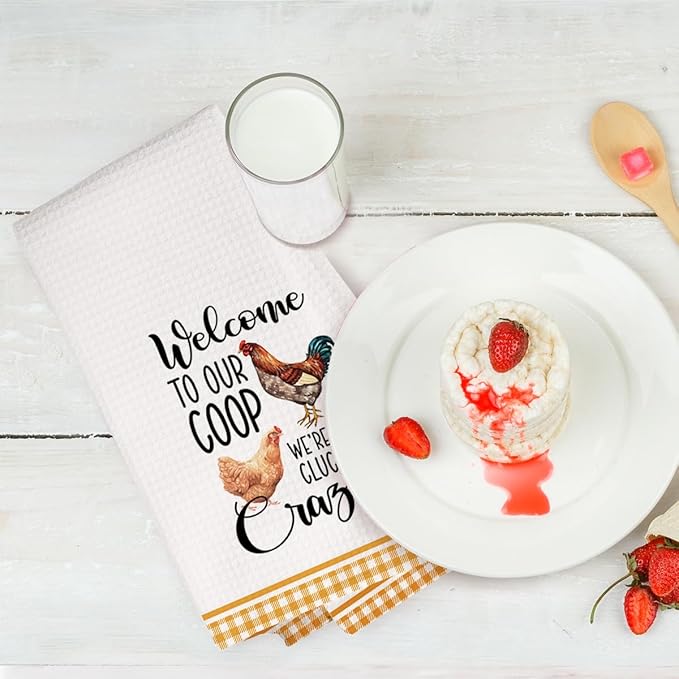 4Pcs Funny Farmhouse Chicken Rooster Kitchen Towels, Chicken Dish Towels, Rooster Decor Hand Towel for Bathroom Kitchen Decor, Cock Mom Lady Gifts, White Microfiber Dish Cloth Tea Towel, 24x14 Inch