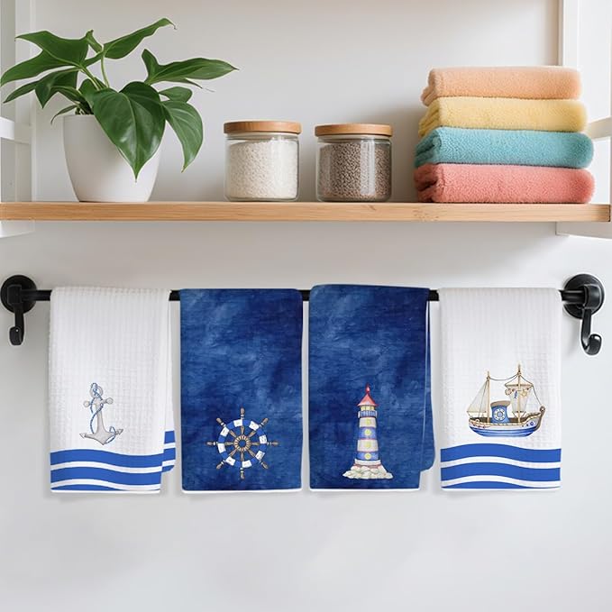 4Pcs Nautical Kitchen Towels 24x14 Inch, Navy Blue Waffle Weave Hand Towels for Kitchen Home Bathroom, Absorbent Microfiber Dish Cloth Tea Towel, Housewarming Gifts for Women Mom Friends