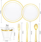 bUCLA 150Pcs Clear Gold Plastic Dinnerware Set - Clear and Gold Disposable Plates Include 25 Dinner / 25 Dessert Plates,25 Knives,25 Forks,25 Spoons,25 Cups for Party