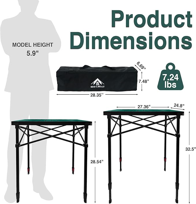 Portable Camping Table with Adjustable Height, Lightweight Aluminum Roll Top Folding Camp Table with Storage Pockets & Dual-Compartment Bag, Heat-Resistant, for RV, Picnic, BBQ, Outdoor (L)