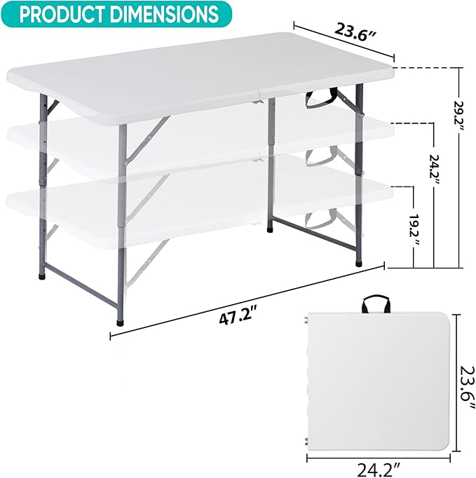 ZenStyle 4 ft Folding Table, 48x24 Inch White Portable Plastic Table, Height Adjustable & Lightweight for Indoor Outdoor Use, Camping, Parties, Events, Dining