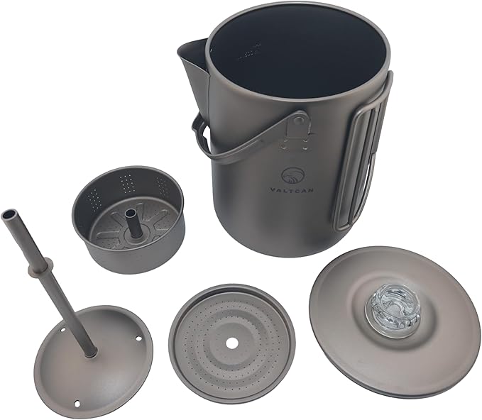 Valtcan Titanium Percolator Coffee Maker World's First Full Titanium, 6-Cup 1.5L, 395g Ultralight, No Metallic Taste, CNC Filter, Glass Brew Viewer, Campfire & Stovetop, Grade 1 Ti, Carry Case