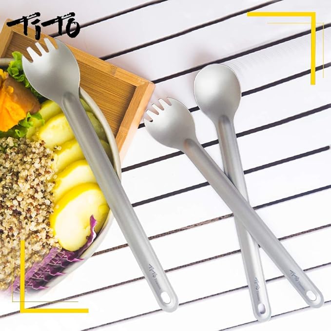 TiTo Titanium Long Handle Spork and Spoon Eco-Friendly Ultralight Portabale Flatware for Outdoor Camping Backpacking Hiking Travel Picnic Tableware with Bag(Spork)