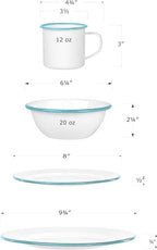 Red Co. 16-Piece Enamelware Metal Dinnerware Set for 4, Solid White/Teal Rim