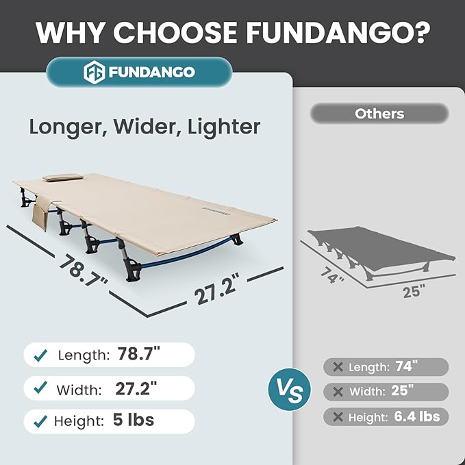 FUNDANGO Ultralight Folding Camping Cot, Extra Long Backpacking Camping Cots for Adults Portable Cot Bed for Hiking Travel Home Mountaineering, Beige