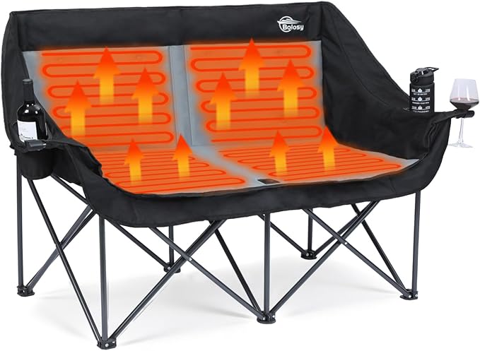 Heated Double Camping Chair Heated Camping Chair 4 Heating Zones Heated Chair Outdoor Sport Heated Folding Chair for Adults (Battery Not Included)