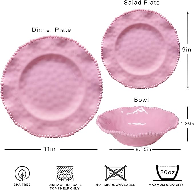 12 pcs Melamine Dinnerware Set, Elegant Scalloped Rim With Beaded Serving Plates and Bowls Sets of 4, Pearl Design Kitchen Dishes Dinner Set.Perfect for Girl's and Women's Parties,Gathering