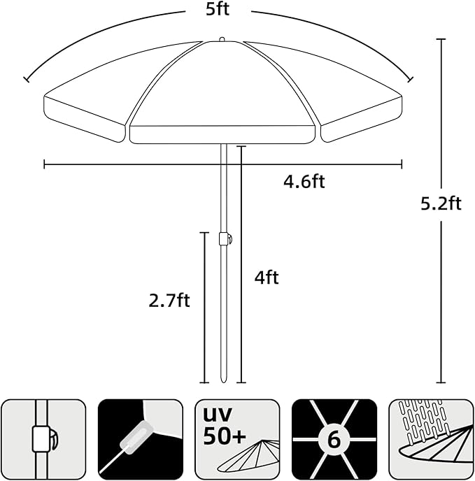 AMMSUN 5ft Seaside Beach Umbrella for Sand and Water Table - Kids Durable Umbrellas for children Beach Camping Garden Outdoor Play Shade