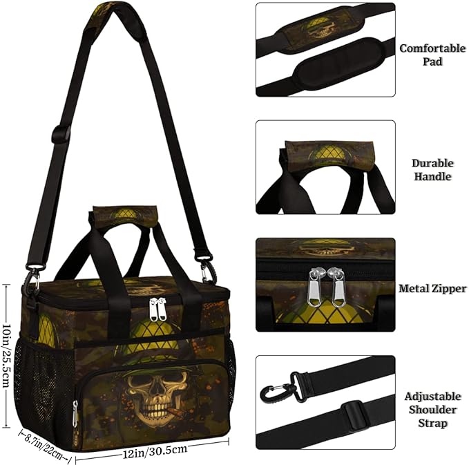 Pardick Insulated Lunch Bag Camo Print Cool Skull Adult Large Reusable Lunch Box Leakproof Cooler Tote Bag Lunchbox Freezable Lunch Bag with Adjustable Strap for Women Men Picnic Work Beach