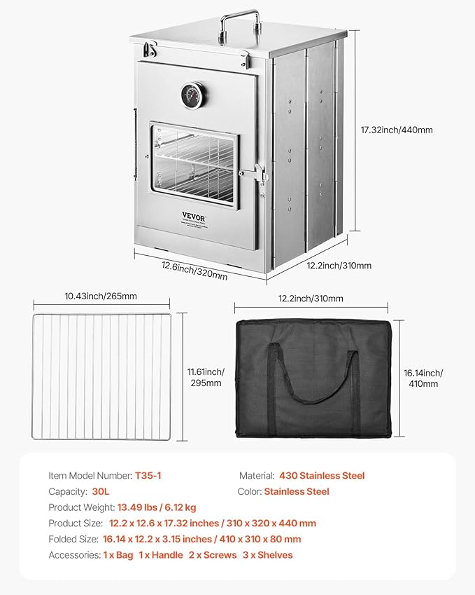 VEVOR Foldable Camping Oven, Stainless Steel Portable Camping Stove, with 3 Tier Grill, Handle and Thermometer, Use with Wood Burning Fire, Propane Stoves, for Baking Bread, Pizza, Outdoor Cooking