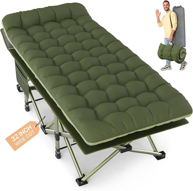 Slendor XXL Folding Camping Cot for Adults with Mattress Pillow Carry Bag, 32 inch Extra Wide Portable Sleeping Cot, 900LBS Support Outdoor Cot Bed for Office Nap Beach Travel RV