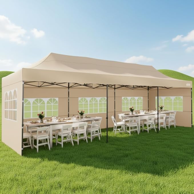 COBIZI 10x30 Pop up Canopy Heavy Duty with 8 Sidewalls,Easy Set-up Commercial Outdoor Party, Foldable UPF 50+ Waterproof Commercial Easy up Canopy with Wheeled Bag, Khaki