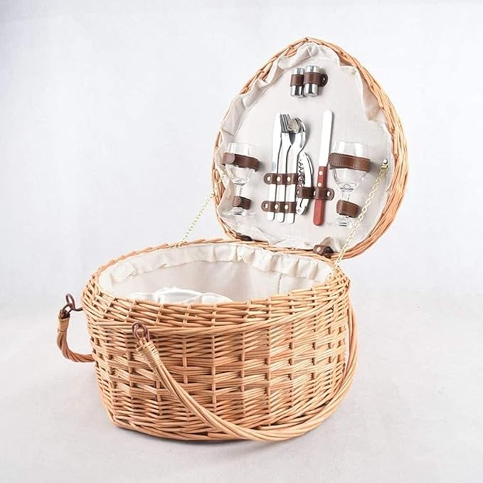 Heart-Shaped Wicker Picnic Basket for 2 with Lid & Foldable Handles, Includes Ceramic Tableware Set, 40x35x22cm, Ideal for Romantic Picnics, Camping, and Outdoor Parties