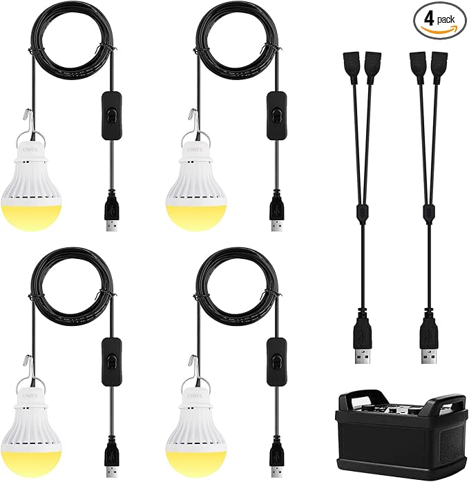 4-Pack Onite USB LED Light Bulb, Emergency Backup Lighting for Camping, Garage, Power Outage Preparedness, for Portable Power Station & Solar Panel, Outdoor Lantern, Warm White