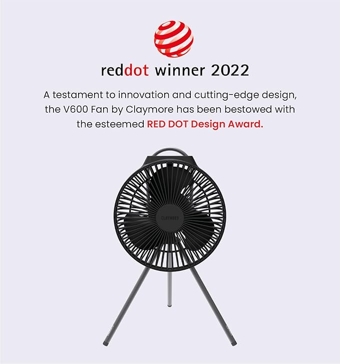 Claymore V600+ Black Rechargeable Portable Fan – 7,800mAh Battery, 4-Speed BLDC Ultra-Quiet Air Circulator USB-C Charging 32 Hrs Runtime Tripod Mountable Adjustable for Camping, Indoor, Outdoor