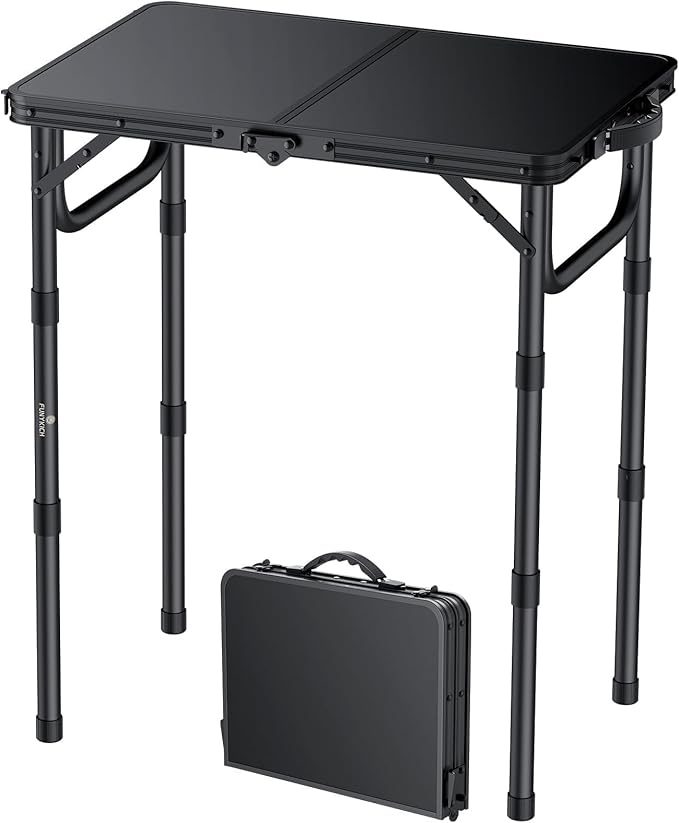 FUNYKICH 2ft Small Folding Camping Table(22.8'' Lx15.7'' W), 3 Height Adjustable Portable Picnic Table, Lightweight Aluminum Outdoor Table with Carry Handle for Camping, BBQ, Beach, Picnic, Black