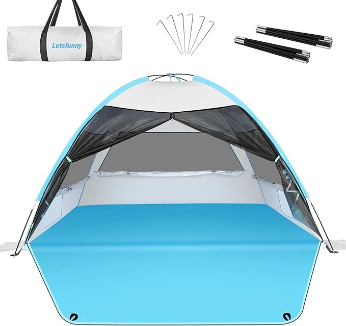 Large 3-4 Person Beach Tent - UPF 50+ Anti-UV, Easy Setup with Extended Floor & Mesh Windows, Portable for Camping Fishing