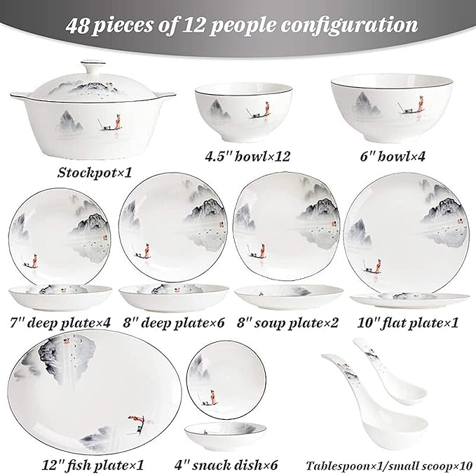 Dinnerware Set Dinner Party Tableware Service Set Ceramics Dinnerware Sets, Porcelain Cereals Bowls/Steak Plates/Soup Pot | 50 Pieces Chinese Style Bone China Dinner Combination Se