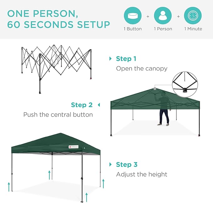 Best Choice Products 10x10ft Pop Up Canopy Tent, Outdoor Shade, 1 Person 1 Minute Set Up, Carry Case, 4 Weight Bags - Dark Green