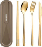Travel cutlery set, 18/8 stainless steel cutlery, Reusable utensils set with case, Portable Silverware Lunch Box for Camping and Office (Rose Gold)