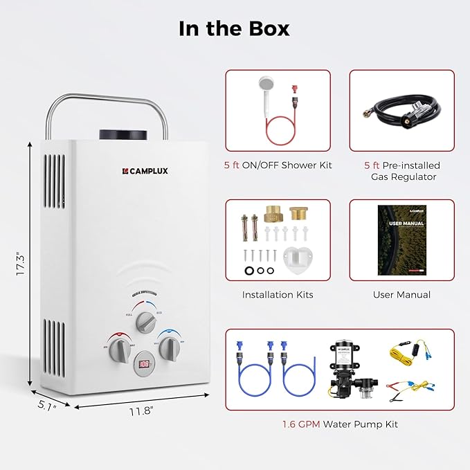 Tankless Water Heater, Camplux 1.58 GPM Propane Portable Water Heater With Pump Kit, White