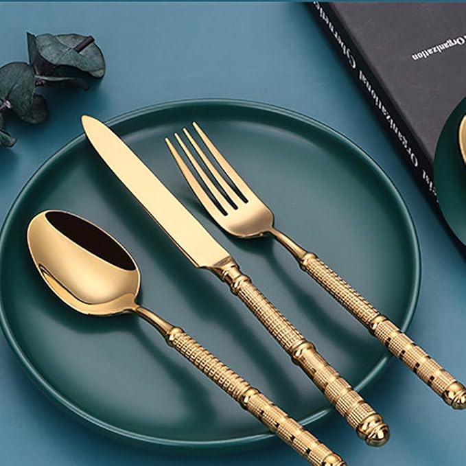 Gold 25 Piece Silverware Set Service for 5,Premium Stainless Steel Flatware Set Vintage Embossed Cutlery Utensil Set Home Kitchen Eating Tableware Set Include Fork Knife Spoon Set Dishwasher Safe