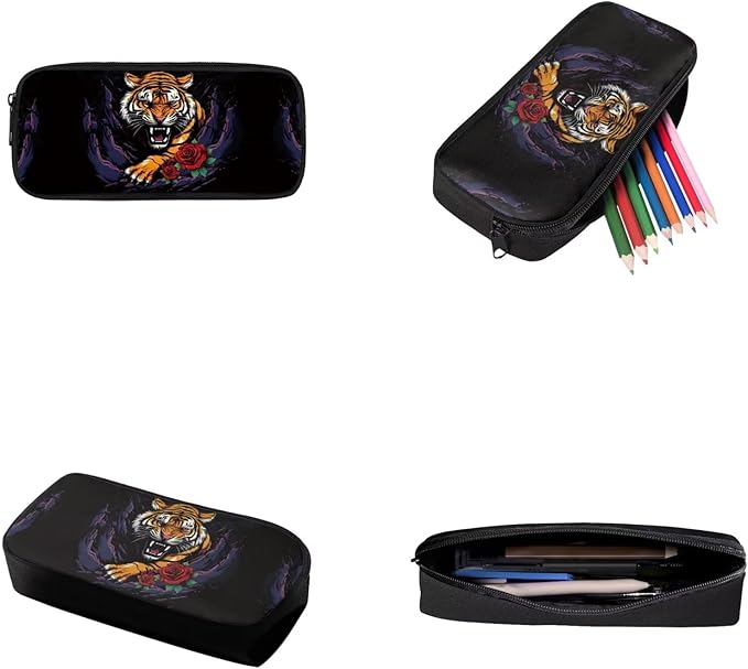Tiger and Roses Printing 3 Pcs Boys Backpack Set, Matching Large Capacity Lunch Box and Dirt-resistant Pencil Case for Elementary School Students Travel Activities Outdoor