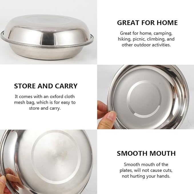 Portable Camping Tableware Stainless Steel Plates Bowls for Hiking Picnic Outdoor Use with Mesh Bag for Easy Cleaning and Drying