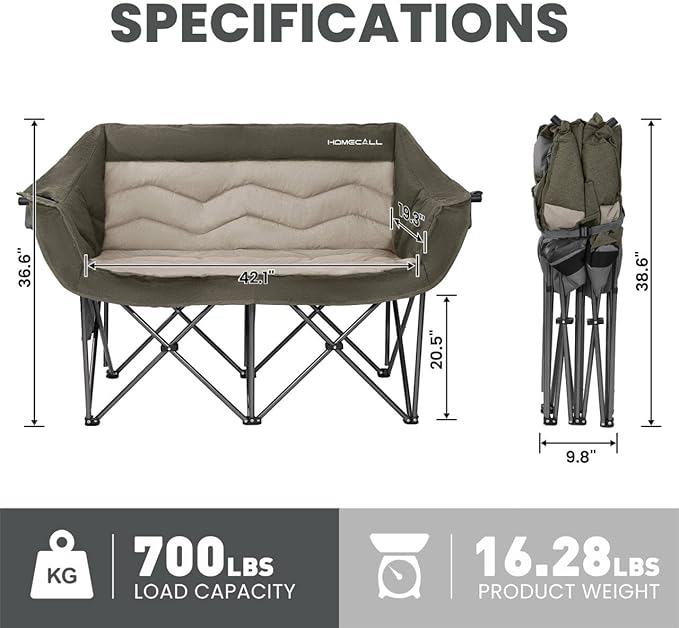 Oversized Double Camping Chair for Adults - Heavy Duty Folding Loveseat Support 700 lbs, Extra Wide 2 Person Camping Couch with Thick Padding, Cup Holders & Storage Bag, Green