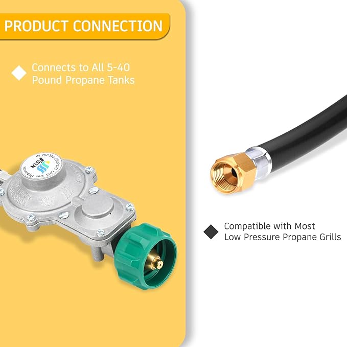 GasSaf 3FT 2 Stage Propane Regulator Hose, Propane Regulator with Hose for Dual Fuel Generator, RV Appliance, Gas Stove and More, 3/8 Female Flare Nut