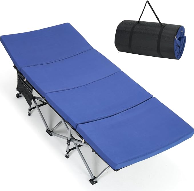 Slsy Oversized XXL Camping Cot with 2" Memory Foam Mattress, Upgraded Padded Folding Cot Bed with Carry Bag, Portable Sleeping Cot for Camping, Travel, Beach & Hiking