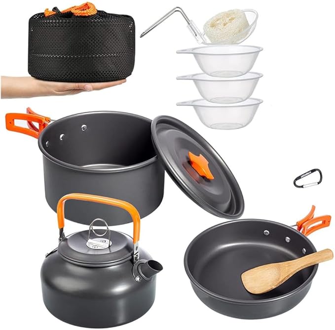 Outdoor Camping Cookware Kit Aluminum Portable Nonstick Cooking Water Kettle Pot Pan Set for Hiking Picnic BBQ Tableware,Black,A-Black-A
