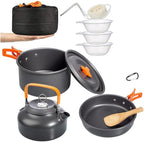 Outdoor Camping Cookware Kit Aluminum Portable Nonstick Cooking Water Kettle Pot Pan Set for Hiking Picnic BBQ Tableware,Black,A-Black-A