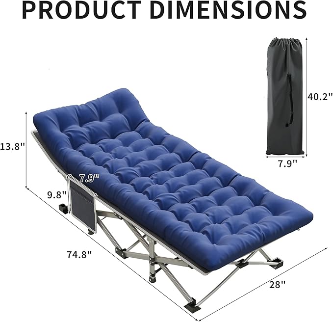 Blue Camping Cot with 2.9" Thick Mattress - Heavy Duty 600 LBS Folding Bed, 75"x28" Portable Guest Bed, Waterproof Oxford Fabric & Alloy Frame for Camping, RV, Home Emergency