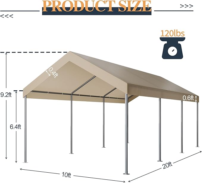 Shintenchi 10x20ft Heavy Duty Carport with UV&Wind Resistant Canopy,Portable Carport Garage Shelter with Stable Powder-Coated Steel Frame,Outdoor Carports for Car,Bike,Camp,Storage(Khaki)