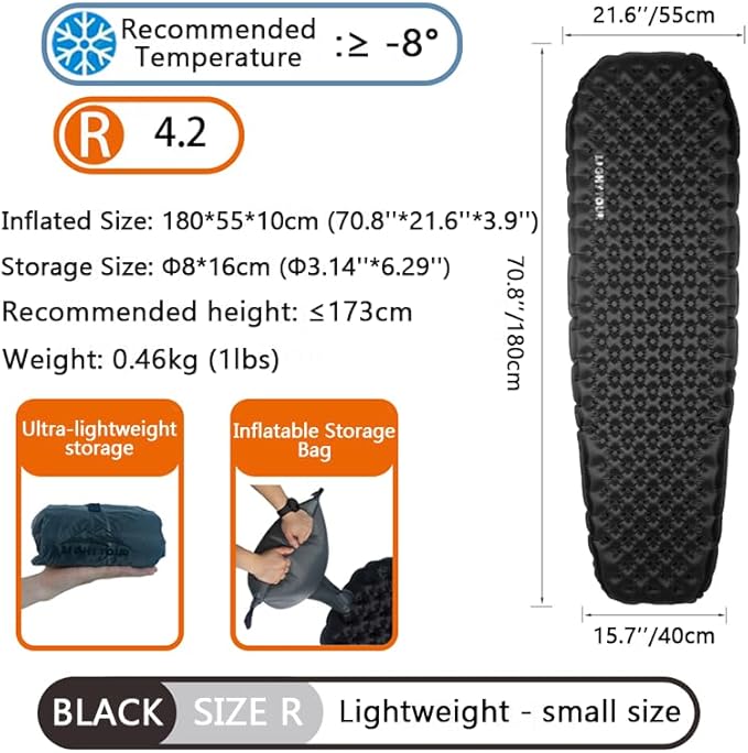Single Inflatable Sleeping Mat, 20D Nylon Lightweight Air Bed for Adults, Air Mattress with Storage Bag for Camping Ultralight Backpacking, Hiking, Traveling & Outdoor Activities (Black, R)