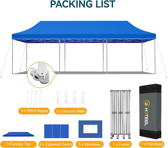 Hoteel 10x30 Pop Up Canopy Tent Heavy Duty with 8 Sidewalls, Waterproof Party Tent, Easy Set-up Commercial Instant Tents with Hand Bag, Rope & Nail, Hexagonal Leg (1-Year Warranty)