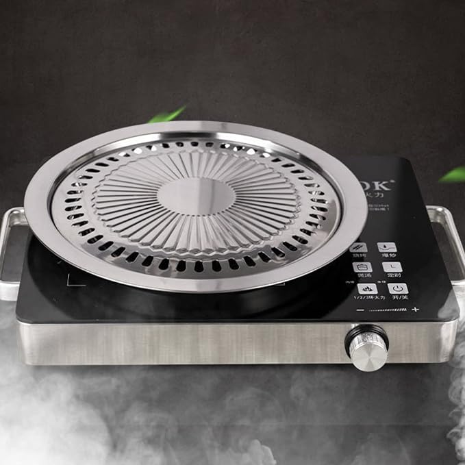 Saim Korean BBQ Grill Pan,Stainless Steel Non-Stick Roasting Smokeless Barbecue Grill Pan,Round Korean Style Stovetop for Indoor Outdoor Camping BBQ