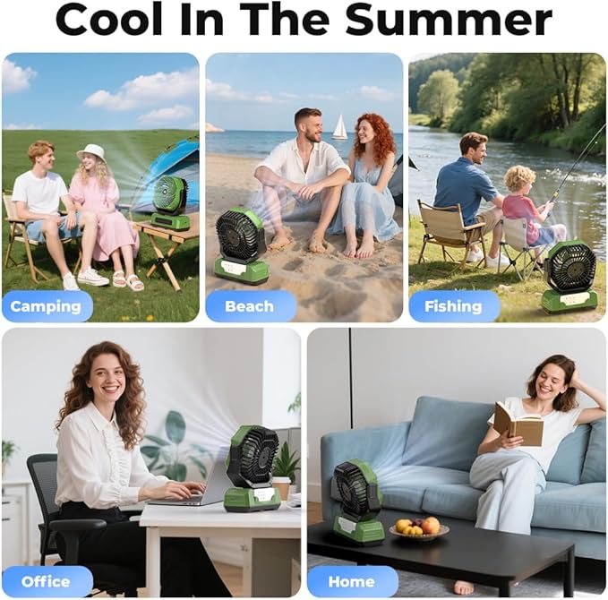 30000mAh Portable Camping Fan with RGB Lantern, Rechargeable Battery Powered Oscillating 4 Wind Speeds LED Display, Remote Control Timer Tent Beach Cordless USB Fans for Travel Home Outdoor, Green
