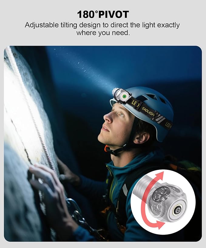LED Rechargeable Headlamp for Adults - Hard Hat Light Running Head Lamp with Red Light, Magnet, 180° Tilt, 7 Modes, Detachable Flashlight & Headband, Outdoor, Emergency 1PC, Silver