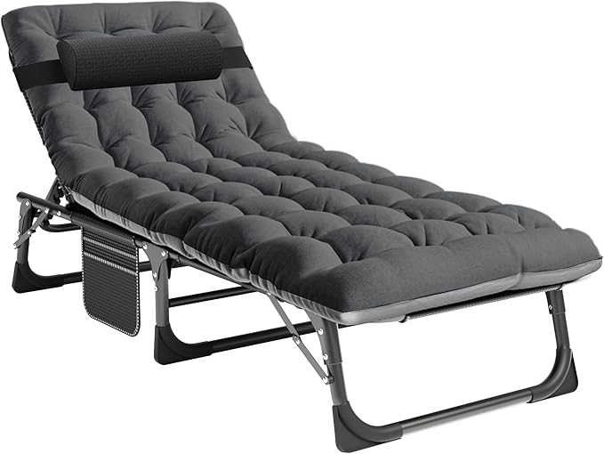 LILYPELLE Portable Folding Cot Bed, Adjustable 5-Position Adults Reclining Chaise with Pillow, Outdoor Portable Lounge Chair Sleeping Cot for Camping, Pool, Beach, Patio