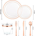 bUCLA 150PCS Clear Rose Gold Disposable Dinnerware set - Rose Gold Plastic Plates Include 25 Dinner / 25 Dessert Plates, 25 Knives, 25 Forks, 25 Spoons, 25 Cups for Party, Wedding & Valentines Day