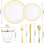 bUCLA 300Pcs Clear Gold Plastic Disposable Dinnerware Set - Clear Plates with Gold Trim Include 50 Dinner / 50 Dessert Plates,50 Cups,150 Plastic Silverware Set for Party