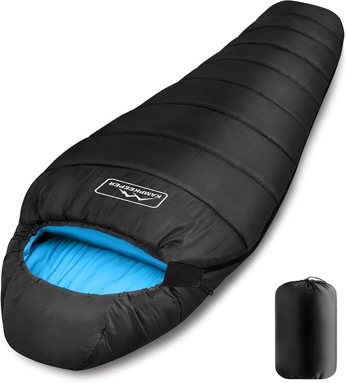 KAMPKEEPER Mummy Sleeping Bag, Cold Weather Camping Sleeping Bag, 32℉ 3-4 Seasons Adults Sleeping Bag, Non-Snag Zipper with Adjustable Hood for Backpacking, Hiking
