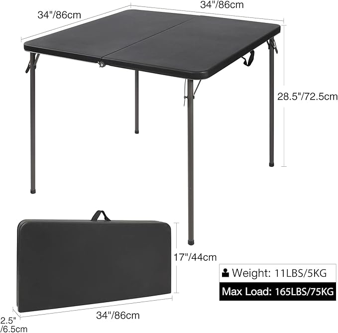 REDCAMP 34" Square Folding Card Table with Resin Top, Portable Fold in Half Small Card Tables with Collapsible Legs for Adults Indoor Outdoor Use, Black